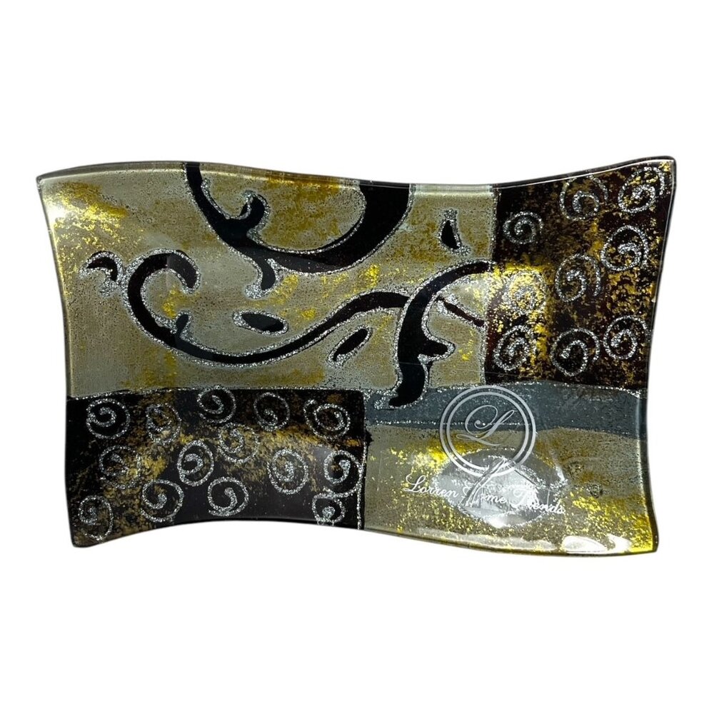 Loren Home Trends Y2K Decorative Curved Glass Tray Black Gold Swirl Pattern
